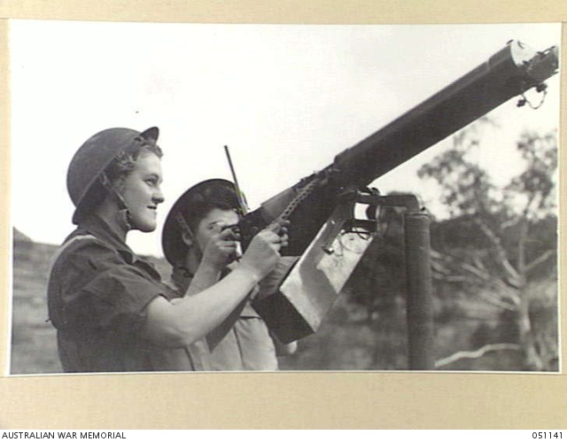 The 115 Section, 59th Australian Anti-Aircraft Searchlight Company is manned by members of the Australian Women’s Army Service (AWAS).  Left to right are Sappers A. Brown and B.L Lunson.   Photo taken at East Risdon, Tasmania.  20 April 1943.  Australian War Memorial 051141.