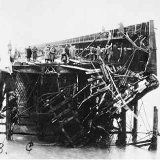A damaged section of the harbour pier at Zeebrugge