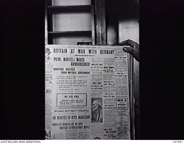 Herald newspaper with headline Britain at war with Germany