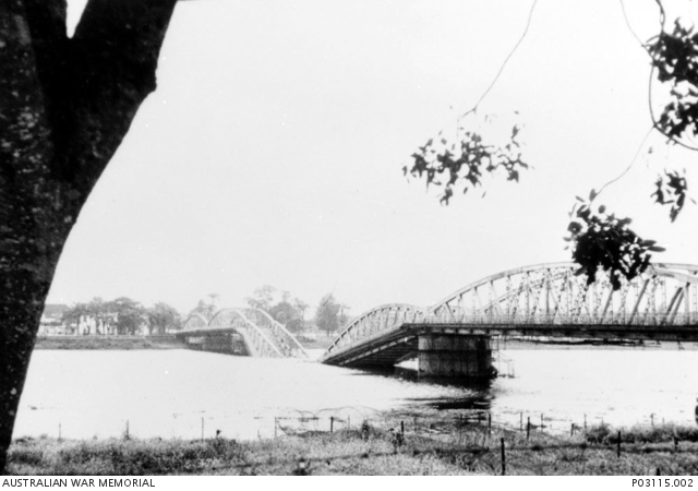 The main bridge over the Perfume River which was partially destroyed during the North Vietnamese Army (NVA) and Viet Cong (VC) Tet Offensive, in Vietnam, between 30 January and 25 Februray 1968.